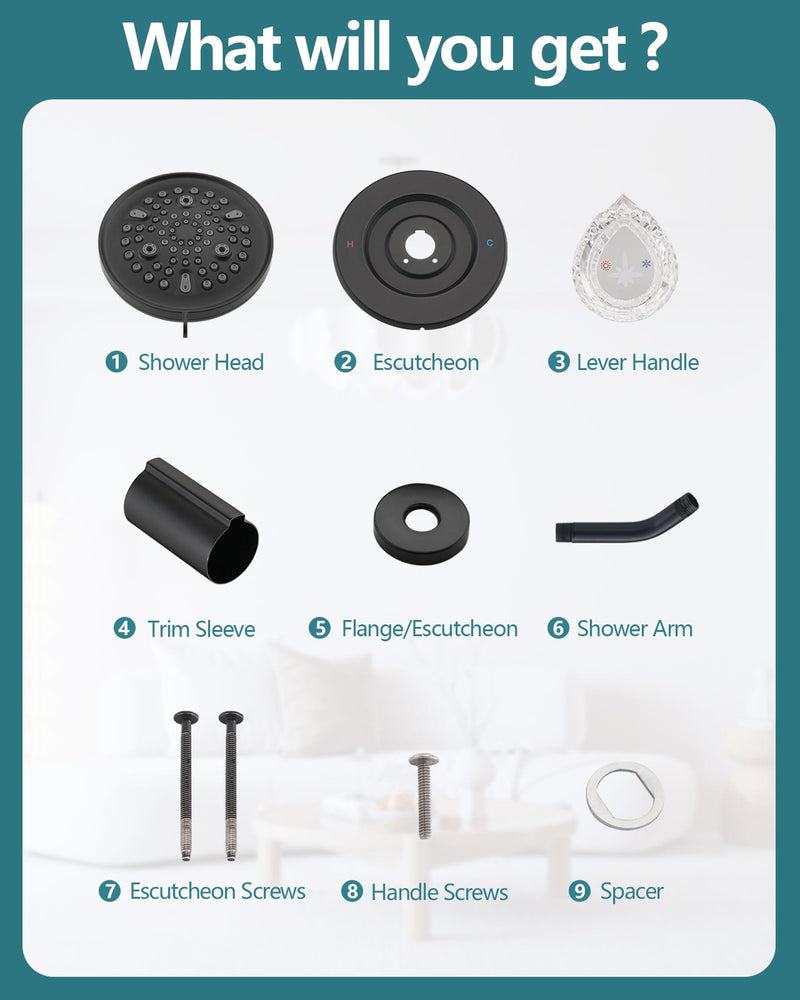 9-Setting Shower Faucet Trim Kit Compatible with Moen Fit Chateau Valve, Pull-on Push-Off Design Knob Handle, Matte Black Without Tub Spout