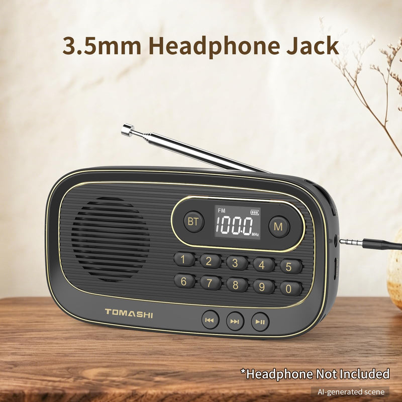 TOMASHI Portable FM Radio, Bluetooth Speaker Radio, Rechargeable Auto Scan | Preset stations, LCD display and Micro SD MP3 player. Compact radio with earphone jack for home, travel and outdoor use.