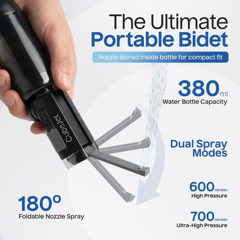 BIDET BUDDY® CubeJet Portable Bidet for Travel - 380ml Bottle, 1100mAh Rechargeable Battery, IPX6 Waterproof Wand-Style Nozzle, USB-C High-Pressure Hygiene Device for Camping & Home Obsidian Drift