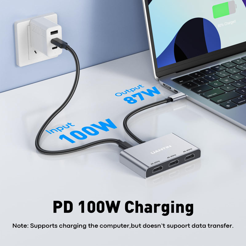USB C to 3 HDMI Adapter with PD 100W, 4K@60Hz HDMI Splitter Extended Display for Multi-Monitors, Adapter for 3 Monitor, Windows Allows Display 4 Separate Screens, macOS Only Mirror Mode