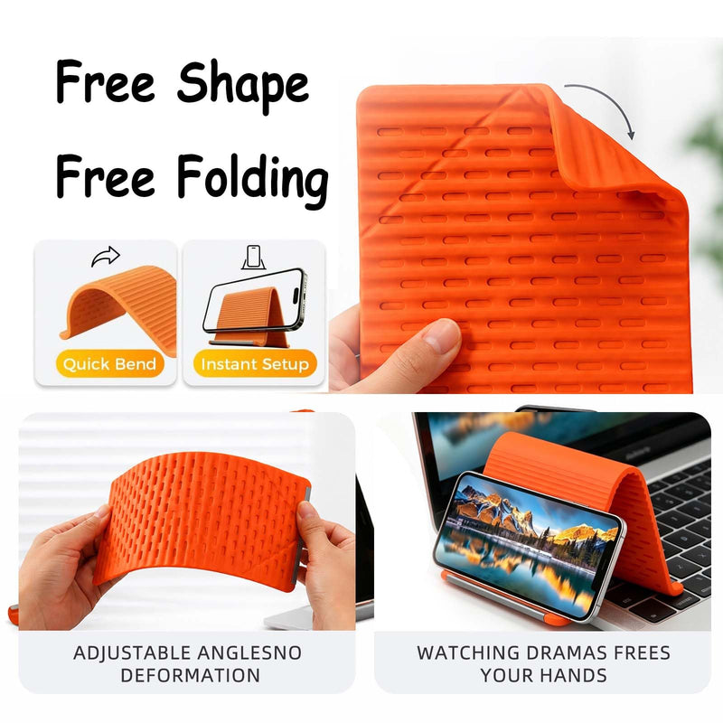 2Pcs Silicone Phone Stand with Aluminum, Flexible Foldable Phone Holder,Universal Adjustable Anti-Slip Desktop Mount for Phone Tablet Laptop (Orange + Black)