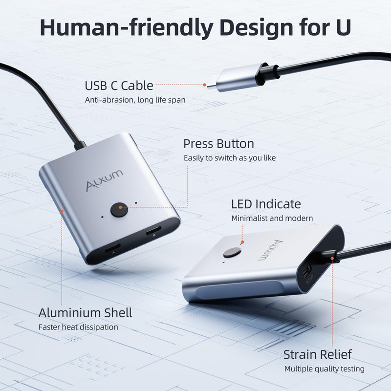 Alxum Bi-Directional USB C Switch - 2 in 1 Out/1 in 2 Out 2 Computers Share 1 USB C Devices,USB C Switch Selector Support 8K@60Hz Video 10Gbps Data Transfer, USB C Cables Included