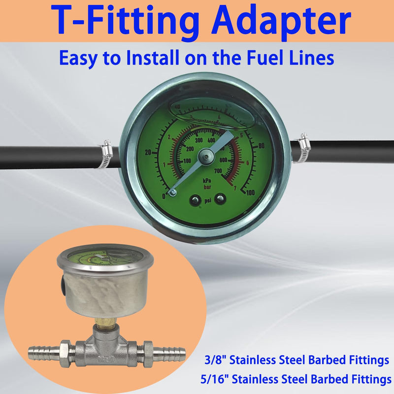 0-100psi Glycerin Filled Fuel Pressure Gauge Kit, Fuel Pressure Gauge Kit, 1-1/2" Dial Size Fuel Pressure Gauge for Car, 1/8'' NPT Inline Fuel Pressure Gauge with 3/8'' 5/16'' Barb, Back Mount