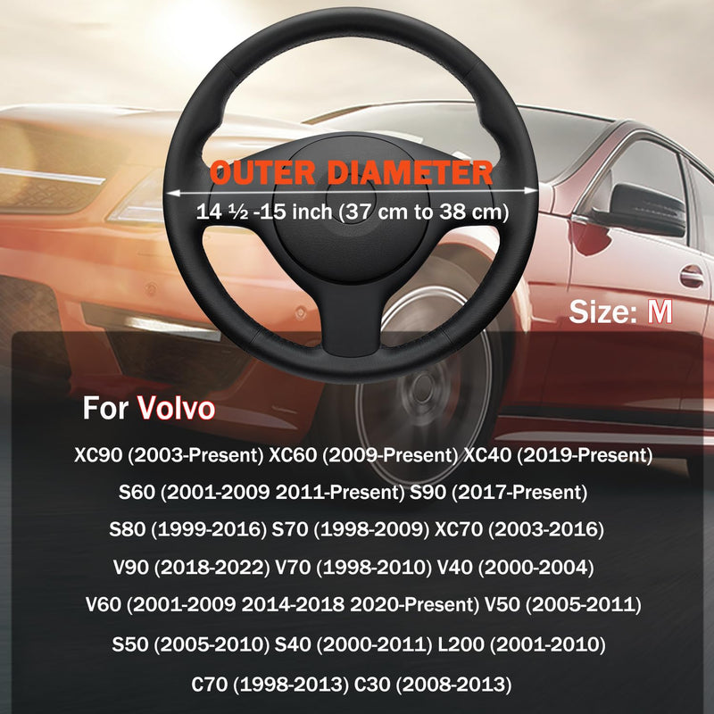XHRING Car Steering Wheel Cover for Volvo XC90 XC60 S60 XC40 S90 S80 S70 XC70 V90 V70 V60 V50 V40 S50 S40 L200 C70 C30 T5 Momentum B5 R-Design T8 Recharge Accessories, Leather Black 14 ½''-15''