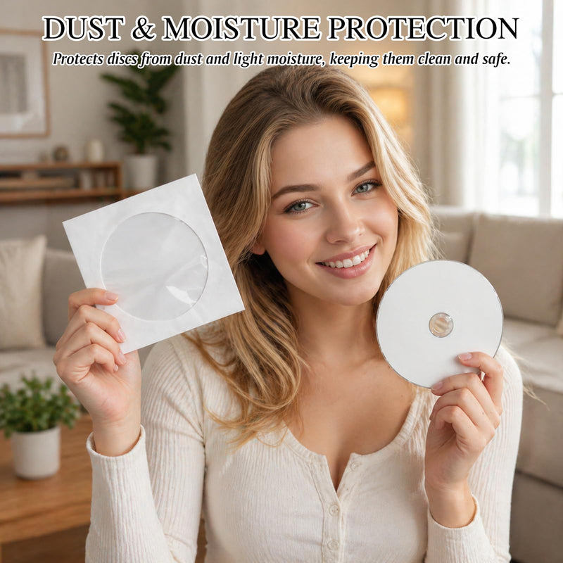 100 PCS Thick White CD/DVD Paper Sleeves with Clear Window and Flap, Dust-Proof Disc Storage Envelopes for CDs, DVDs, Music, Movies and Office Organization