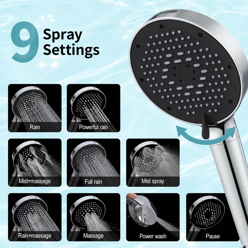 SR SUN RISE NSF Certified Filtered Shower Head with Handheld for Hard Water to Remove Chlorine High Pressure 9-Spray Setting (with Power Wash) Anti-Clog Nozzles (1 Filter, Chrome Silver) 2.5 Gallon Per Minute+1 Filter