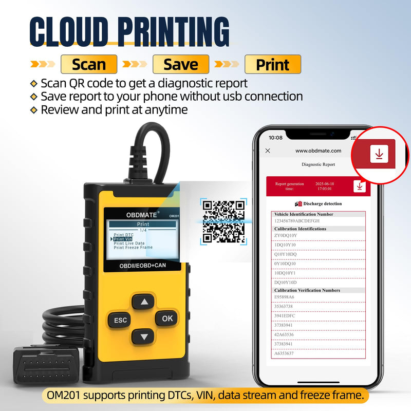 Car Scanner, OM201 Check Engine Code Reader OBDII Diagnostic Tool with Wireless Printing | Graphic Live Data| EVAP Test | DTC Lookup, Yellow