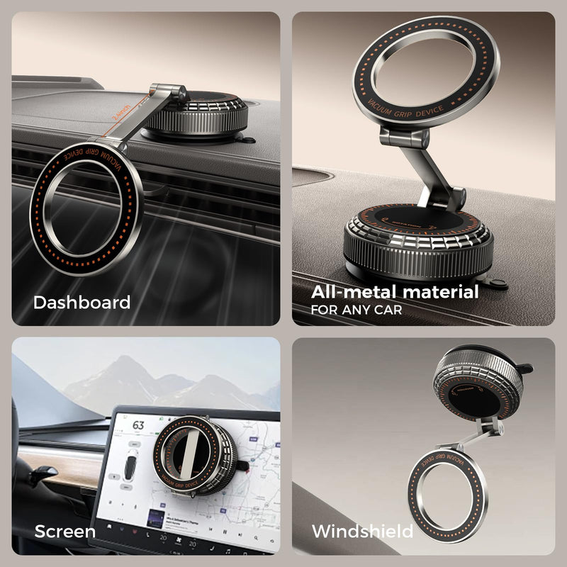 Metal Magnetic Car Phone Holder for Magsafe Phone, Dark Gray | 360° Adjustable Car Phone Mount, Suction Cup Phone Holders for Your Car for iPhone 17-12 Pro Max Air Plus & Android