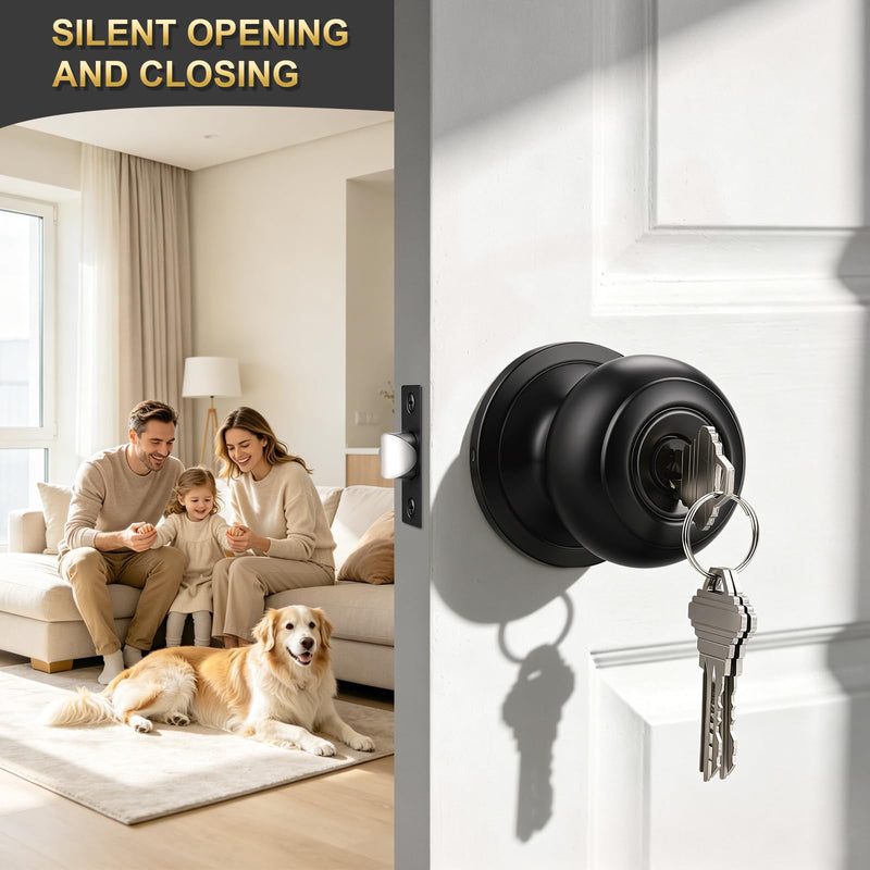 3 Pack Keyed Entry Door Knob, Entrance Door Lock, Keyed Different, Flat Ball, Matte Black Interior and Exterior Entry Door Knobs 3