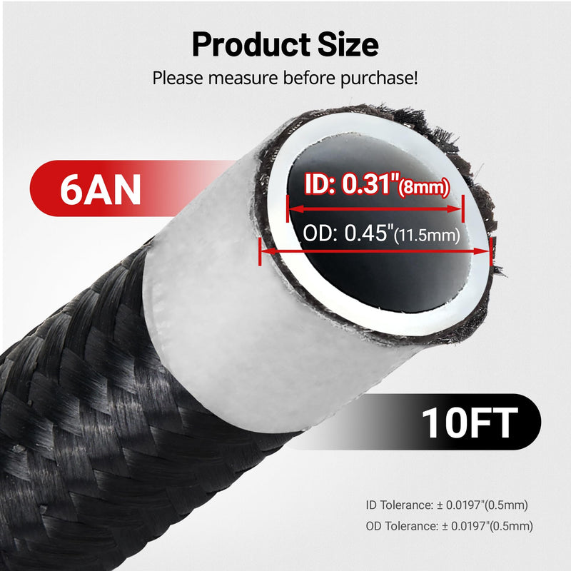 EVIL ENERGY 6AN PTFE Fuel Hose Line, AN6 Fuel Line E85 Nylon Braided 10FT Black 5/16 Inch ID 6AN 10FT