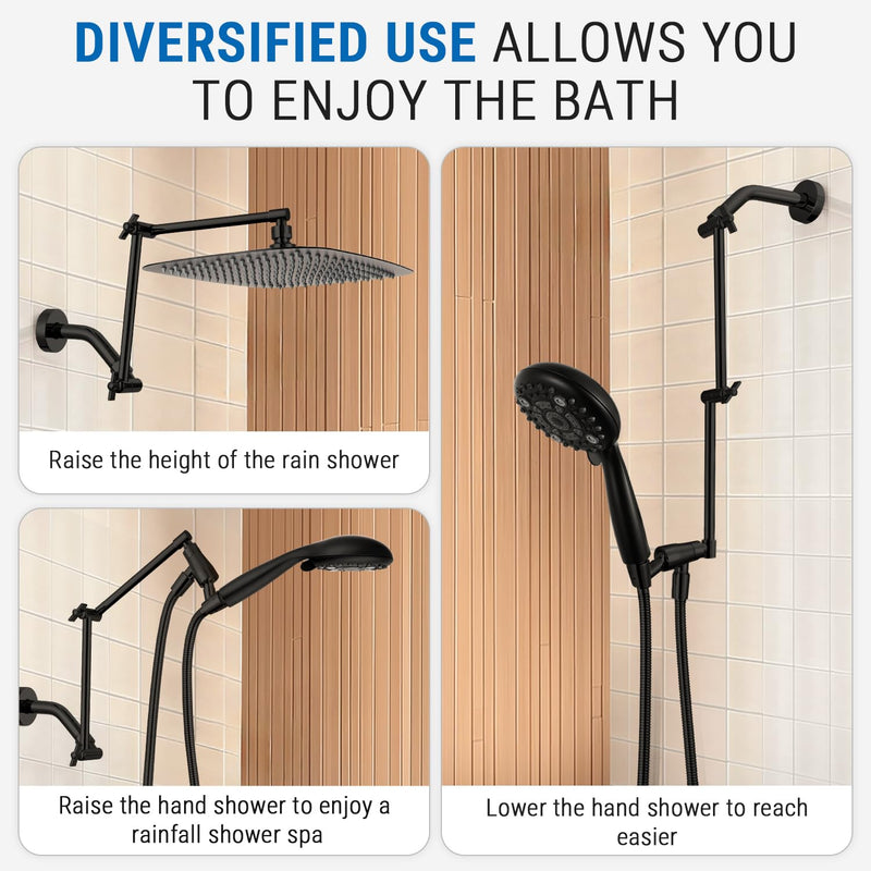 G-Promise 16 Inch Shower Extender with 6 Inch Shower Arm and Flange, Solid Brass Height & Angle Adjustable Extension Arm with Lock Joint, Compatible with Rainfall or Fixed Shower Head (Matte Black) Matte Black