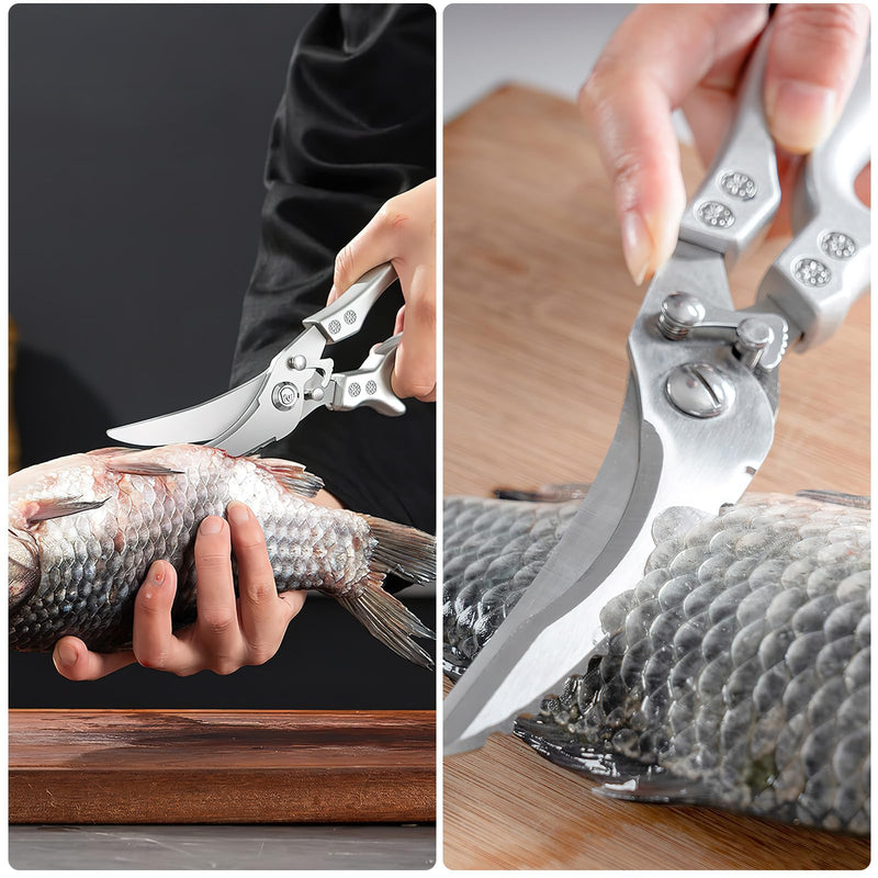 Poultry Shears Heavy Duty Professional, Multipurpose Kitchen Shears with Sheath, Spring-Loaded Stainless Steel Chef Scissors Cutting Bone, Chicken, Fish, Food, Meat, Full Steel Handle Silver