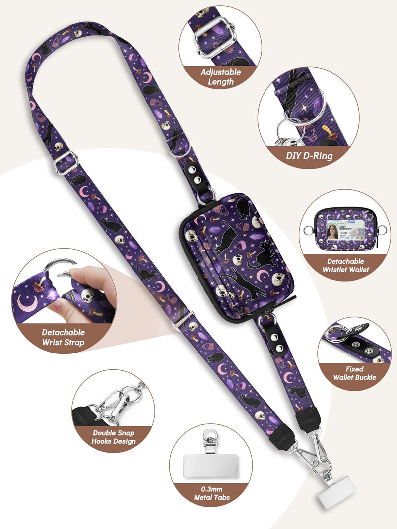 Clip and Go Strap for Phone with Wallet Crossbody Lanyard Goth Cat | Adjustable, Detachable RFID Wristlet Wallet, Cell Phone Wrist Strap, Travel Cruise, Key Zipper Card Purse, Women Teacher Gift Cats Skull Medium