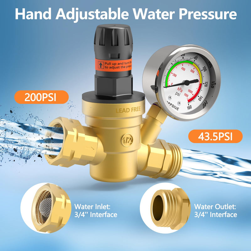 RV Water Pressure Regulator, Handle Adjustable Knob No Tool Required Pressure Regulator,Brass Lead-Free Water Pressure Reducer with Gauge for RV Camper Travel Trailer,Suitable for NH Thread stainless steel gauge