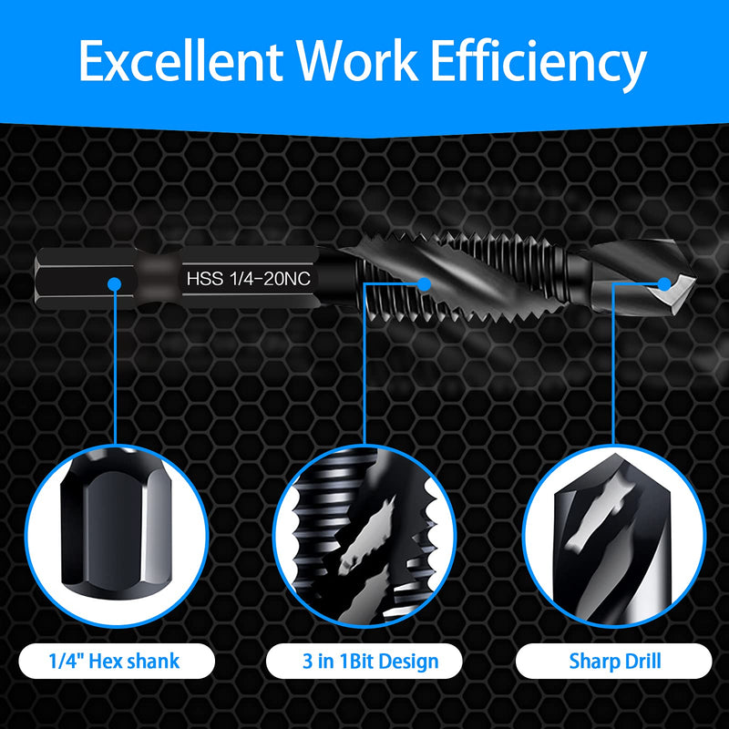 Drill & Tap Bits Set of 13 pcs - 6 SAE Sizes: 6-32NC to 1/4-20NC, 6 Metric Sizes: M3 to M10 and a Quick-Change Adapter – Combine Drilling Tapping Threading Countersinking Functions in One Bit, Black 13 Pcs Tap Set