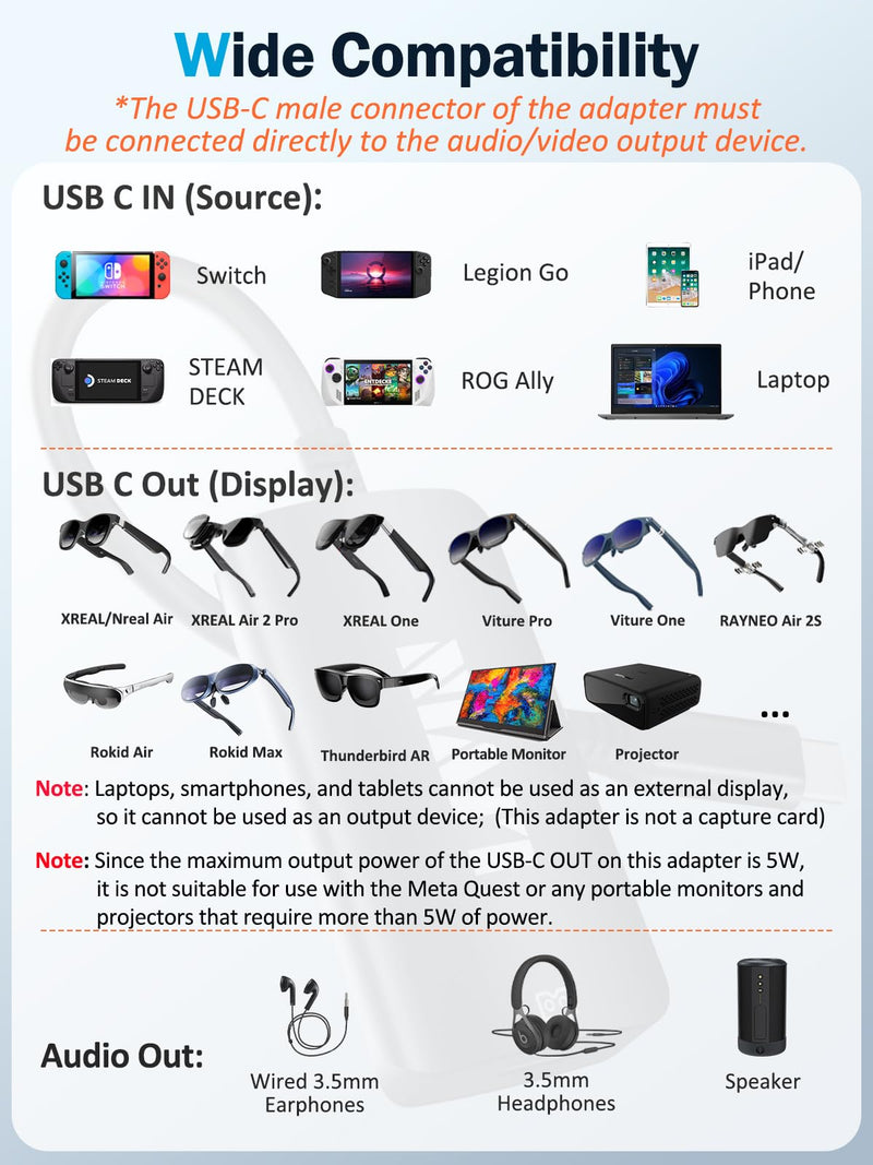 LIVIN USB C to Portable Monitor、AR Glasses XREAL One、Air 2 Pro/VITURE Pro/RayNeo Air 2s、3s/Rokid,【4K@60Hz+PD 100W+Audio 3.5mm】,USB C to Type C Adapter iPhone15/16、Android、PC、Switch、Steam Deck、Rog Ally