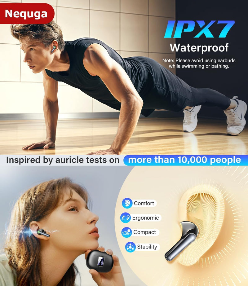 Wireless Earbuds Bluetooth 5.4 Headphones with 48H Playtime Ear Buds | Noise Cancelling Mic, LED Power Display Charging Case, IPX7 Waterproof Bass Stereo Earphones for iPhone Android Phone/Laptop Black