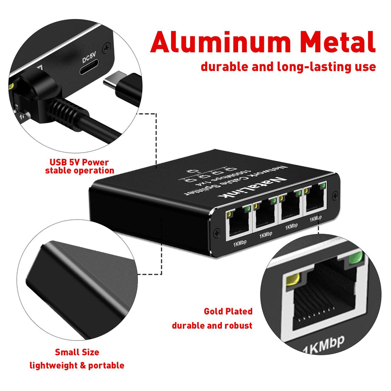 Ethernet Splitter 1 to 4 Network Cable Splitter 1000Mbps High Speed RJ45 Internet Splitter Adapter with USB Power Cable for Cat 5/5e/6/7/8 Cable