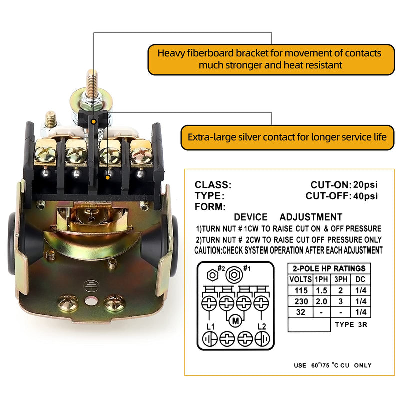 MEANLIN MEASURE MPS2040 Water Well Pressure Control and Port Air Compressor Pressure Switch, 20-40 PSI Pressure Setting, 1/4" Female NPT,Adjustable Differential, Tank Water Pump Control Valve Black 20/40Psi Pressure Switch