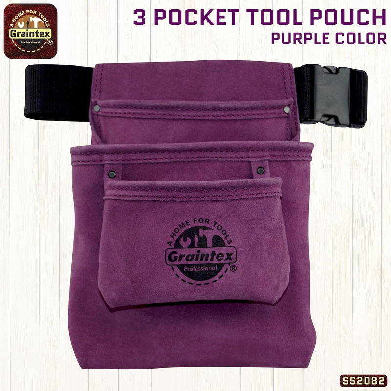 Graintex SS2082 3 Pocket Nail & Tool Pouch Purple Color Suede Leather with 2” Webbing Belt for Constructors, Electricians, Plumbers, Handymen