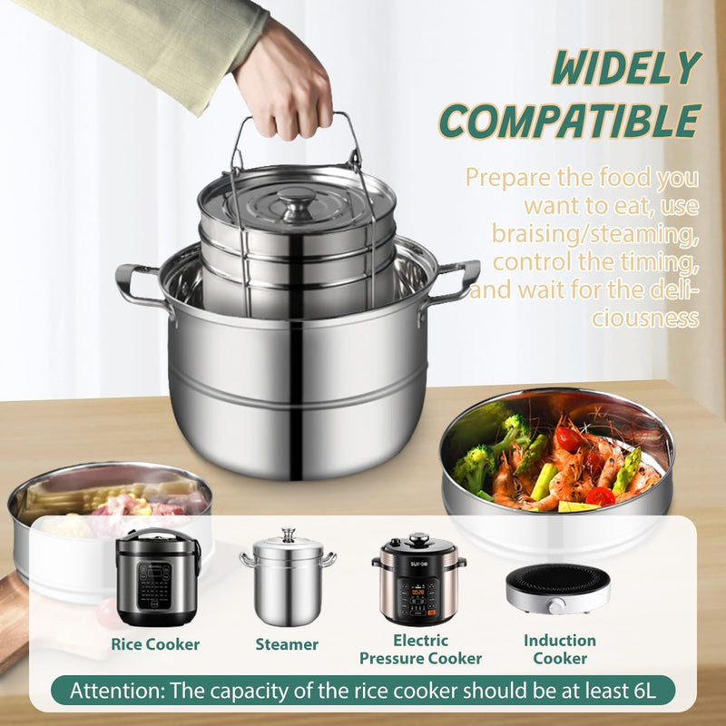 Stackable Stainless Steel Pot Inserts, 6QT 2-Tier Steamer Inserts Set with Handles for Instant Pot & Pressure Cookers, Multi-Use Cookware for Pot-in-Pot Cooking, Steaming, Serving (3-Tier, Unequal) 3-Tier, Unequal