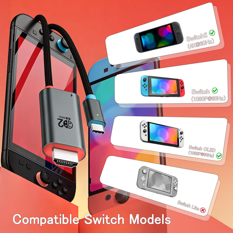 for Switch 2 Dock HDMI Adapter, 4K@60Hz TV Output, PD 100W USB-C Fast Charging, Type-C to HDMI Cable Compatible with Switch 2/OLED/Steam Deck/ROG Ally/Laptops/Phones 6.6FT