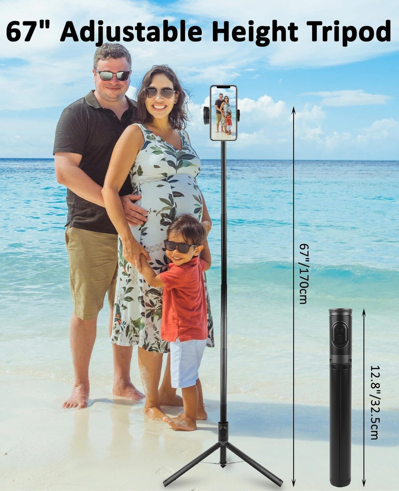 WOVTE 67" Automatic Phone Tripod, Auto-Open Selfie Stick Tripod with Wireless Remote, Portable Travel Phone Stand Compatible with iPhone/Android for Photograph, Video Recording, Live Streaming (Black)