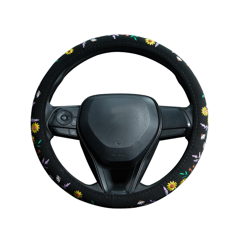  [AUSTRALIA] - Embroidered Sunflower Lavender Cute Black Steering Wheel Cover, Auto Anti-Slip Breathable Steering Wheel Protector, Butterfly Floral Car Accessories for Women,Universal Size Fit Most Cars -15 inch