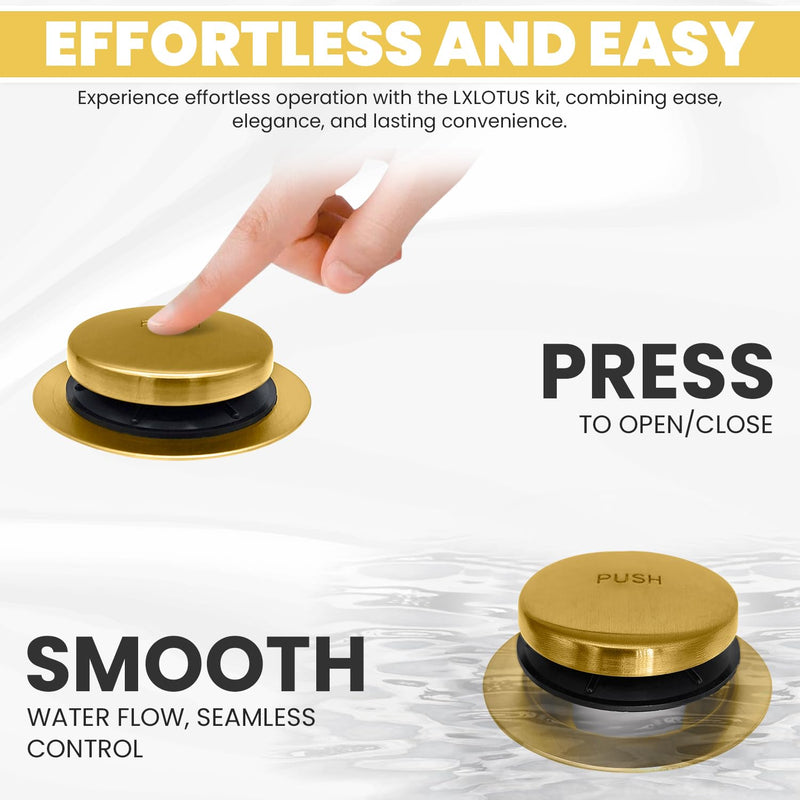 LXLTOUS Brushed Gold Toe Tap Bathtub Trim Set with Two-Hole Overflow Faceplate, Replacement Brass Tub Drain Kit with 2-Hole Overflow Cover and Universal Fine/Coarse Thread, Fits 1-3/8" and 1-1/2"