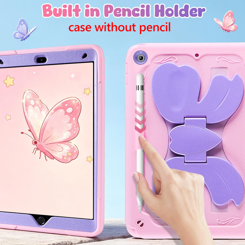 SAMONPOW for iPad 9th/ 8th/ 7th Generation Case iPad 10.2 Inch Kids Case | Full Body Rugged Protective Cover with Cute Bow Stand Shoulder Strap Pencil Holder for Girls iPad Case 9th Gen, Purple Pink for iPad 9th/ 8th/ 7th Gen