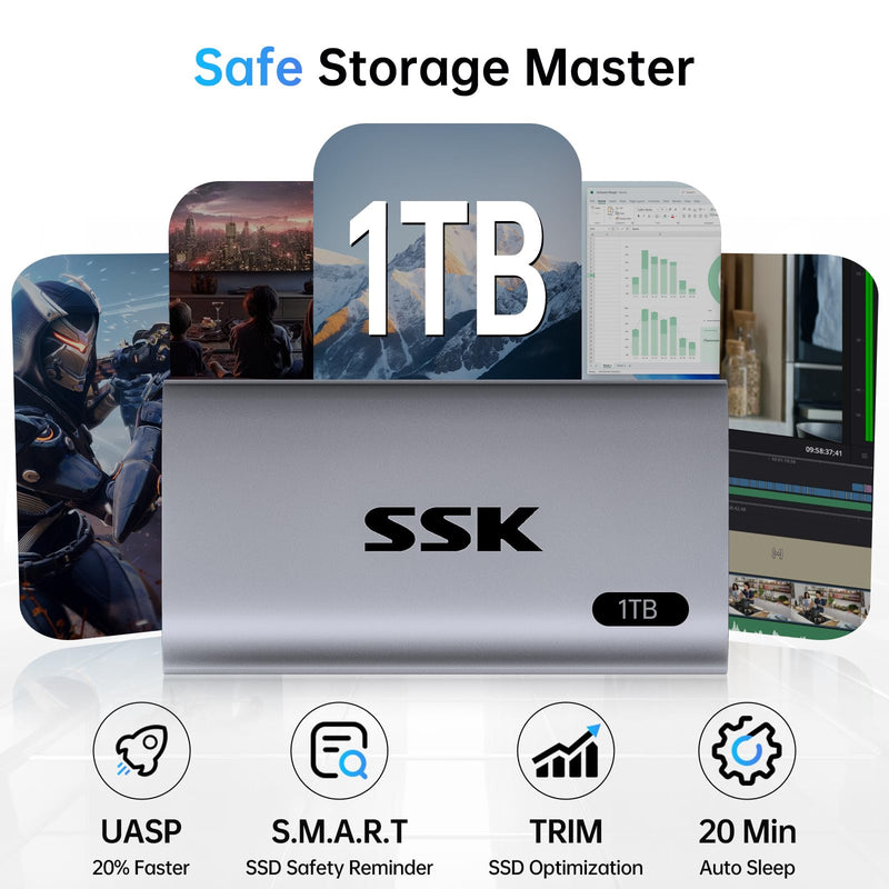 SSK 1TB SSD External Hard Drive, Portable SSD Up to 550MB/s Fast Solid State Drives, External Drive USB 3.2 Gen2 for iPhone 15/Pro, Windows, Mac, Android with LED Light, Trim, Smart Supported
