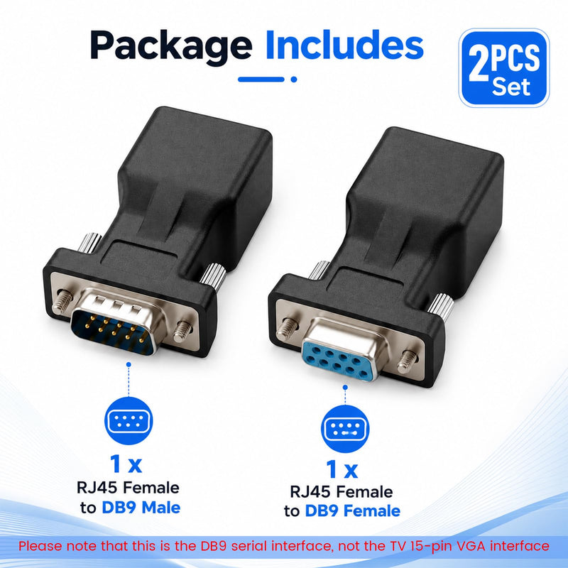 DB9 to RJ45 Serial Adapter, RS232 Female and Male to RJ45 Female Ethernet Converter, Compatible with 9 Pin RS-232 Devices, 2 Pack