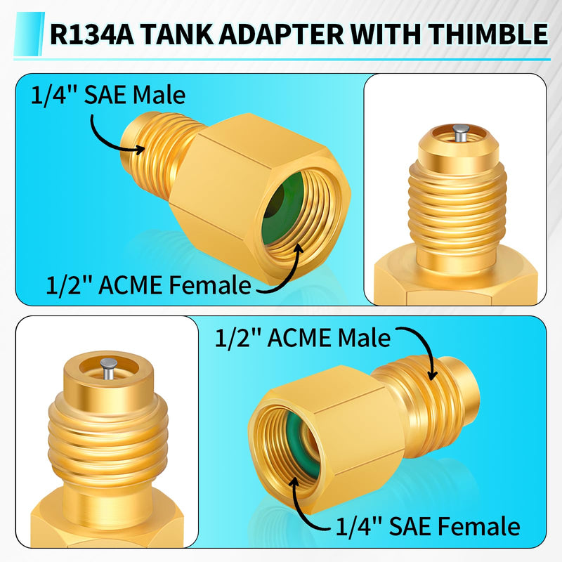 Boltigen R134a Refrigerant Tank Adapters, R12 R22 to R134a Adapter Connector, 1/2 to 1/4 Flare R134a Vacuum Pump Adapter Fittings with Valve Core Remover R134A Adapters