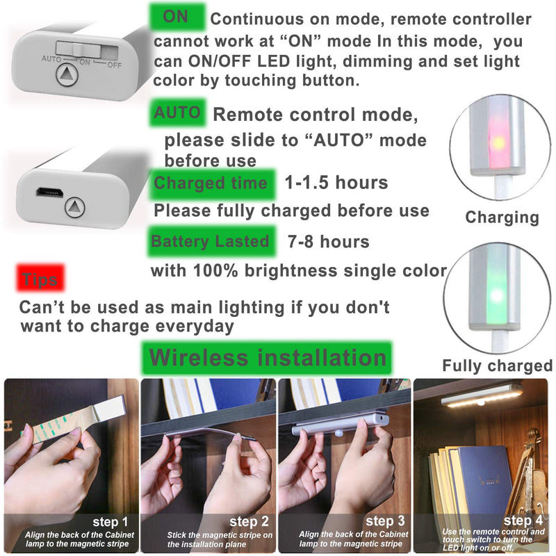LDOPTO Under Cabinet Lights Wireless 4 Pack, Rechargeable Battery Operated Lights with Remote, Dimmable Led Closet Lights, Under Counter Lights Stick-on Touch Night Light for Kitchen, 3 Colors 4 PCS