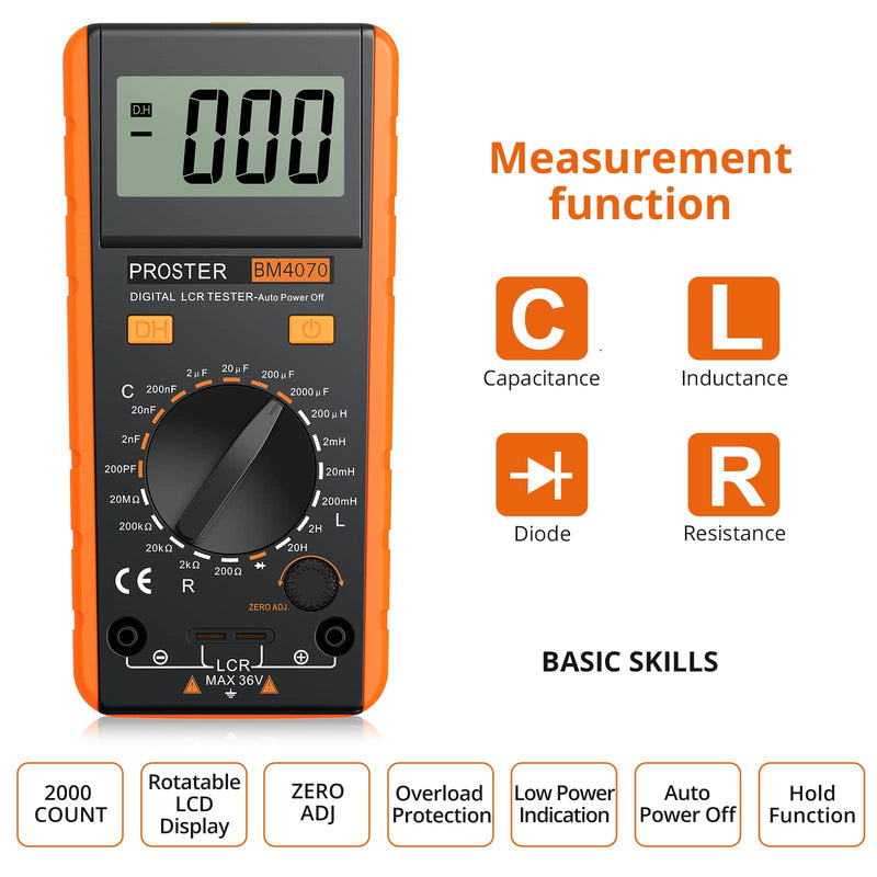 Proster LCR Meter - Capacitance Resistance Inductance Digital LCR Multimeter with LCD Over-Range Display Yellow