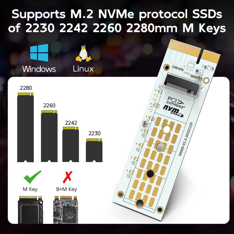 MAIWO M.2 NVMe to PCIe X4 Adapter Card, Expansion Card for M.2 NVMe M-Key 2230/2242/2260/2280 SSD, Compatible with PCIe X4/X8/X16, Up to 64Gbps (Not for M.2 SATA)