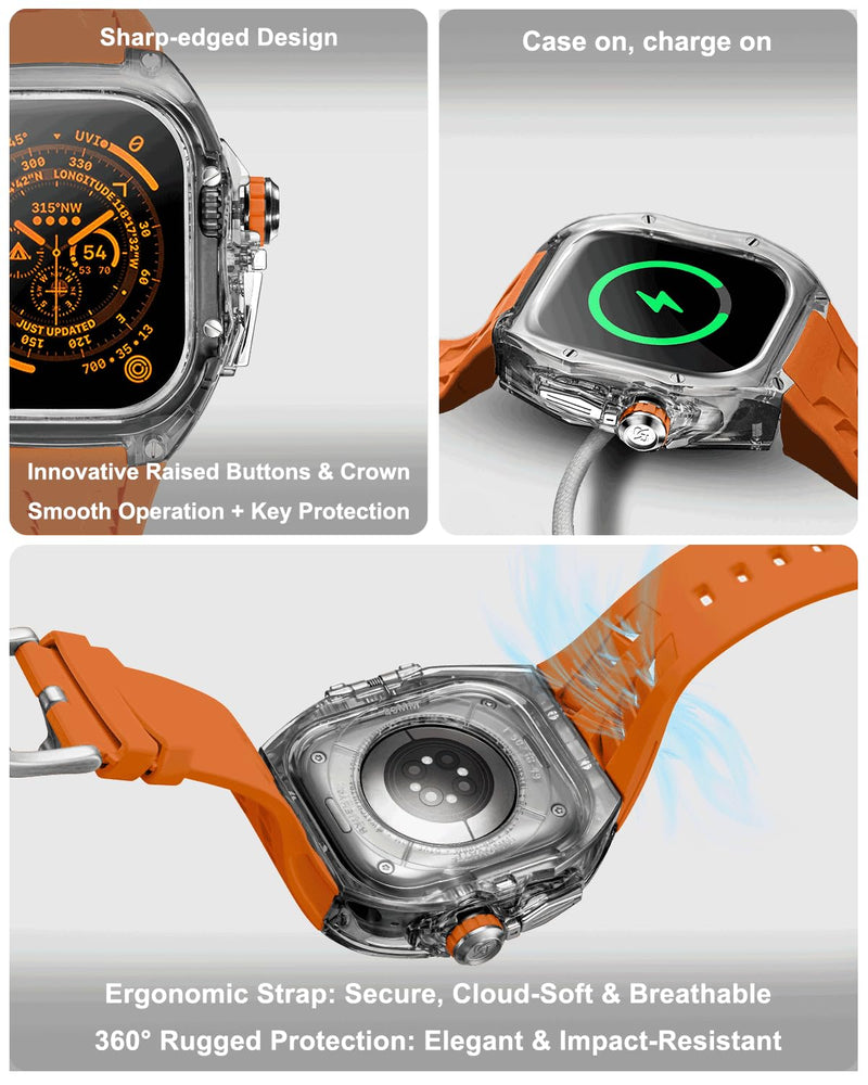 Rugged Case with Band for Apple Watch Series 10/11 46mm, Heavy Duty Case with Black Silicone Sport Strap, Shockproof Translucent Nylon Bumper Cover for iWatch, Clear/Orange