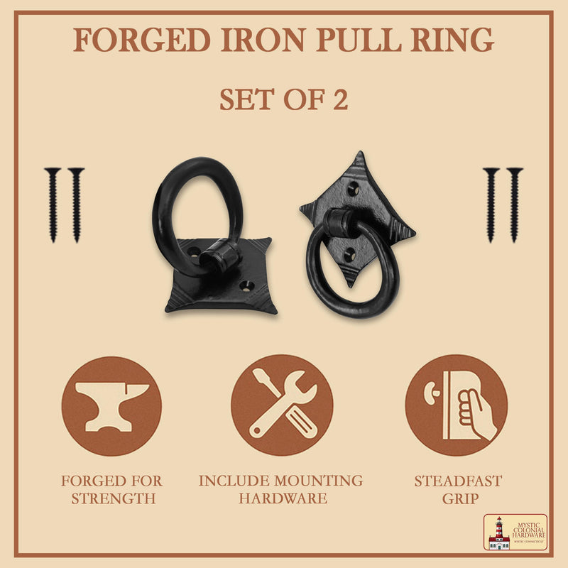 2 Pack Mystic Colonial Cast Iron Ring Pull Handles – Blackened Hammered Finish – Antique Style for Cabinet, Drawer & Cupboard Hardware with Screw - Hammered 2, Colonial Colonial - 2" x 2" - Pair