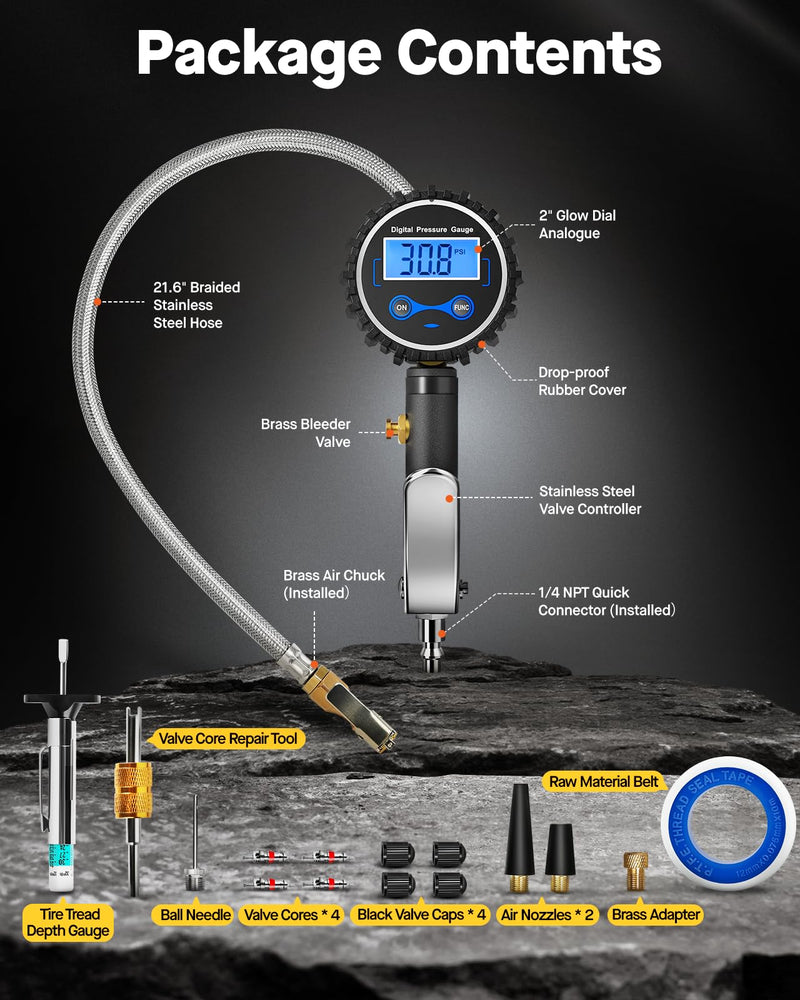 Vondior Digital Tire Inflator with Pressure Gauge 200 PSI - Large 2" Digital Dial, Heavy Duty Air Chuck and Compressor Accessories with Tire Tread Depth Gauge and Quick Connect Coupler Car Accessories 3-200 PSI