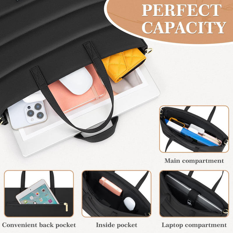 RAINYEAR Laptop Bag for 14 Inch/15.6 Inch, Women Laptop Shoulder Bag | Protective Padded Waterproof Elegant Laptop Bag with Handle & Shoulder Strap, Fits for MacBook Computer Laptop Black 15.6 Inch