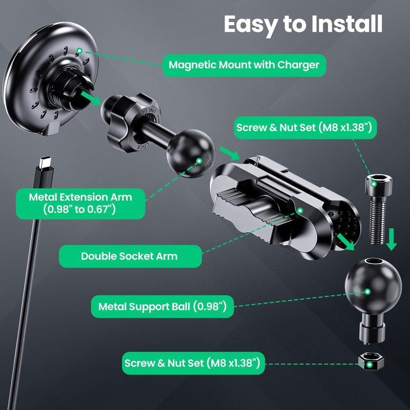 Dash Mount Wireless Charger Magnetic Holder with Metal Double Socket Arm | Fits 2013-2026 Kaishengyuan Metal Base | 20 Magnets | Double Socket Arm | 360 Rotation | 0.98in Ballhead | Magsafe Smartphone