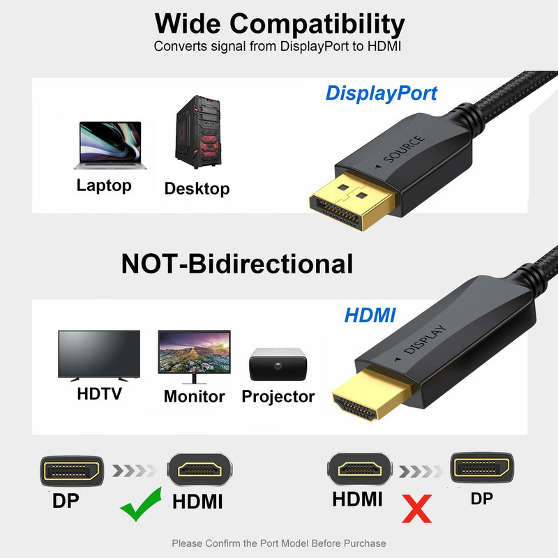 DisplayPort to HDMI Cable 10-Pack, 4K Display Port DP to HDMI Adapter 6FT Male to Male Cord UHD 4K, 2K,1080P, Gold-Plated Braided UHD Support Video and Audio for Dell, HP, NVIDIA,Samsung and More Black
