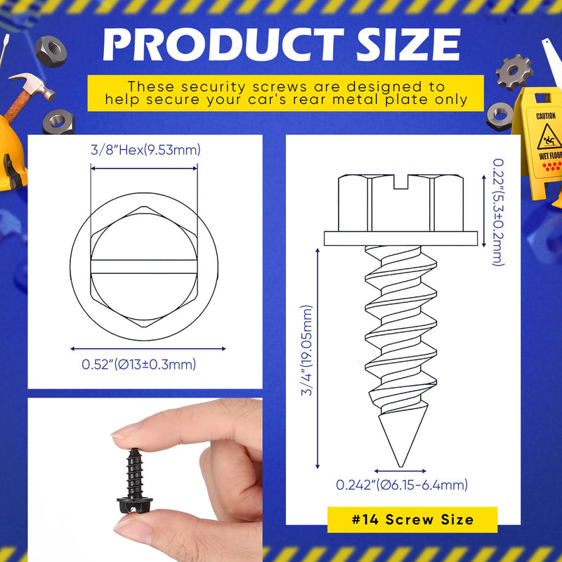 Tandefio 100 Pieces License Plate Screws #14 x 3/4" Slotted Hex Head Carbon Steel License Plate Security Screws for Car Dealers (Black)