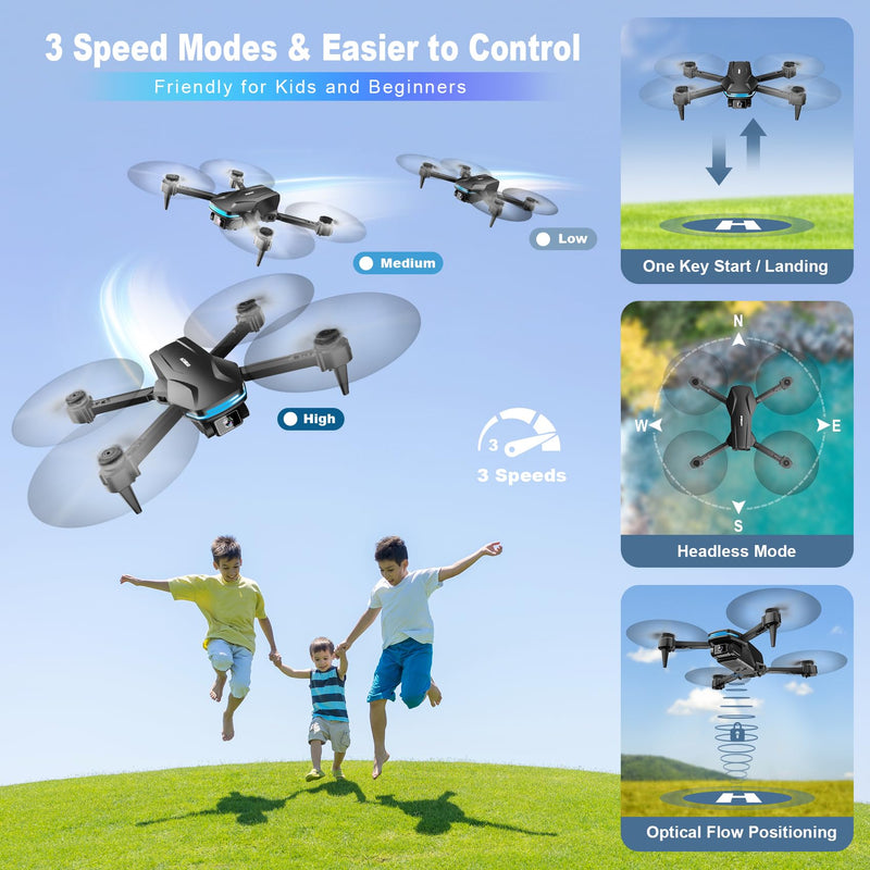 1080P Drones with Camera for Adults, Foldable Drone with 2 Batteries | FPV App Control Quadcopter with Carrying Case, Optical Flow Hover, One Key Start, 3 Speed Modes and 360° Flip Black