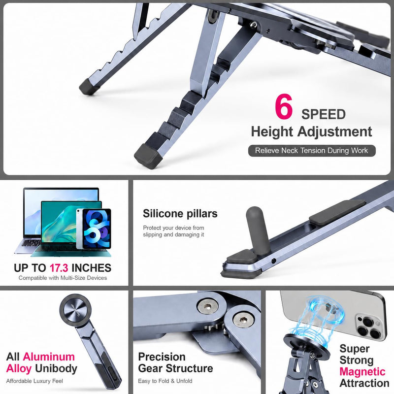 4-in-1 Adjustable Laptop Stand for desk with Magnetic Phone Holder & Camera Tripod, Foldable Aluminum Stand for Laptop, Tablet, Camera, Portable Ergonomic Desk Setup for Travel & Remote Work(Gun Gray) Gun Gray