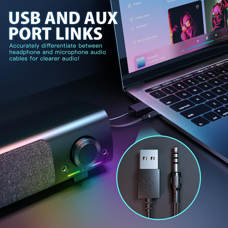 Computer Speakers, USB Powered 3.5mm AUX PC Sound Bar for Desktop Monitor, Gaming Speakers with Headphones & Microphone Link, Superb Stereo Sound, Plug-n-Play (Black) Black