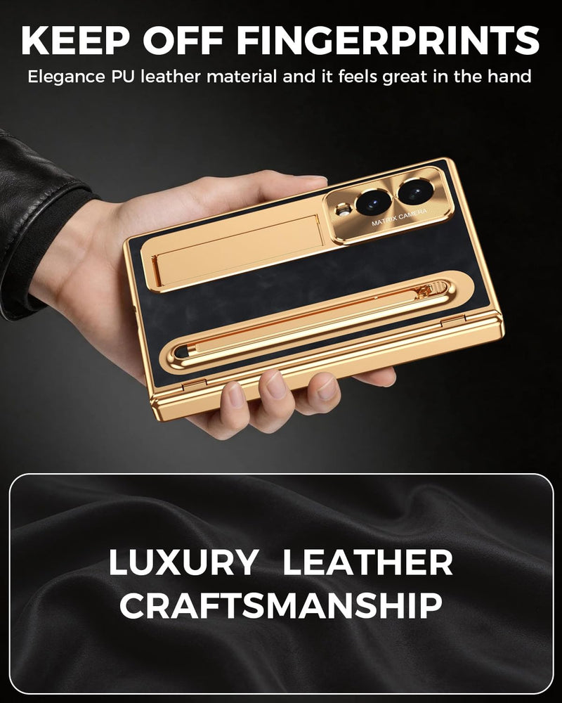 NINKI for Samsung Galaxy Z Fold 8 Case with S Pen Holder & Stylus, Galaxy Z Fold 8 Phone Case with Stand & Screen Protector, Plating Leather Hinge Protective Cover for Samsung Fold8 – Gold with Black Gold+Black