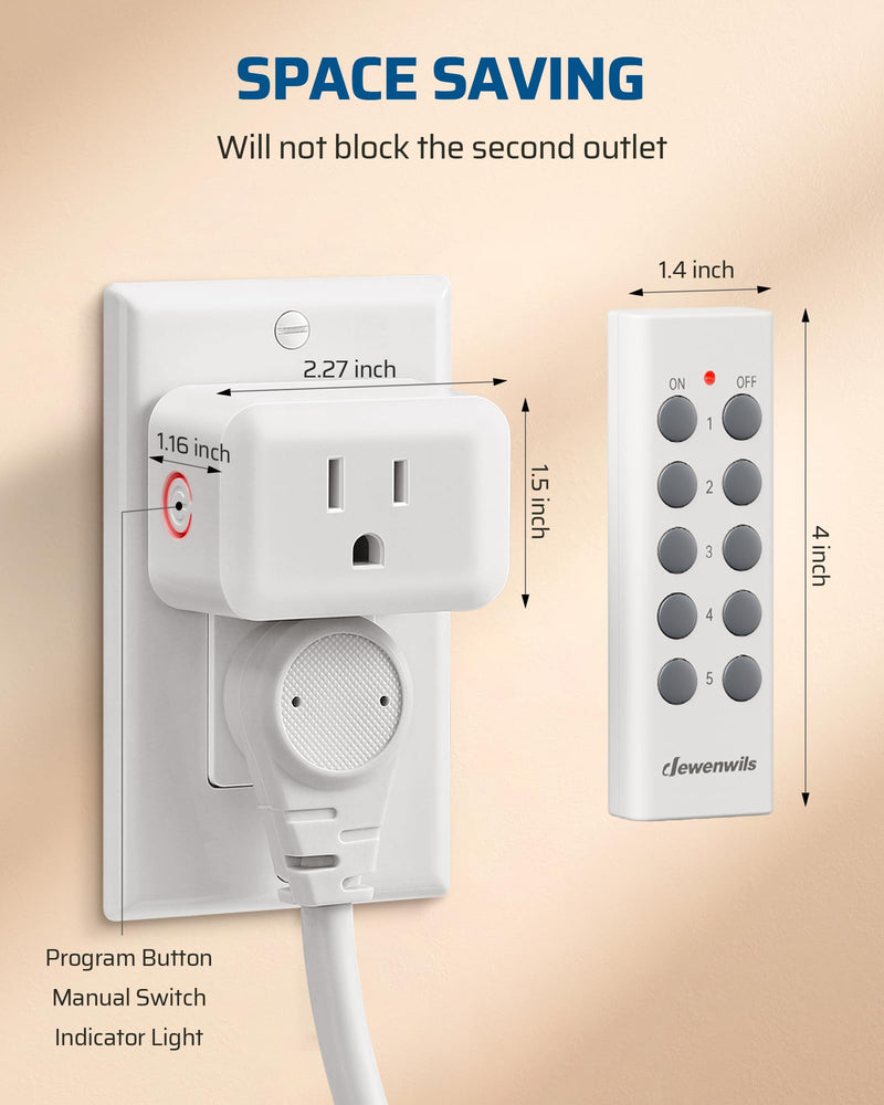 DEWENWILS Wireless Control Outlet for Christmas Decor, Programmable and Expandable Electrical Switch, 100FT Range, 125V/15A/1875W Light Switch, 2 Remote and 5 Outlets 2 Remote + 5 Outlet