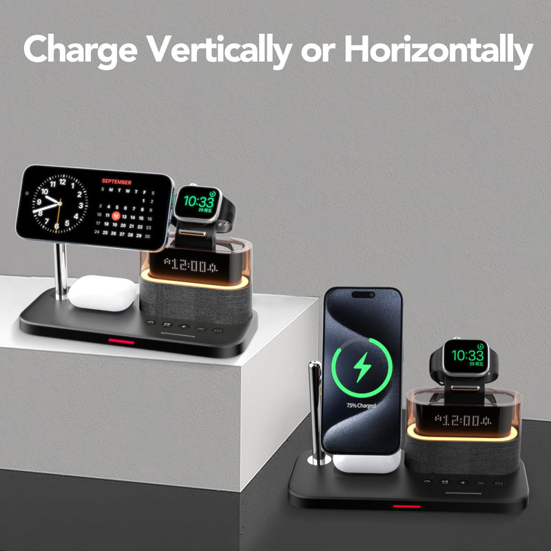5 in 1 Wireless Charging Station for Apple,Mag-Safe Charger with Alarm Clock Night Light for Multiple Devices,Nightstand Charging Station for iPhone 17/16/15/14/13/12,Apple Watch Series,Air-Pods Qi1-Black
