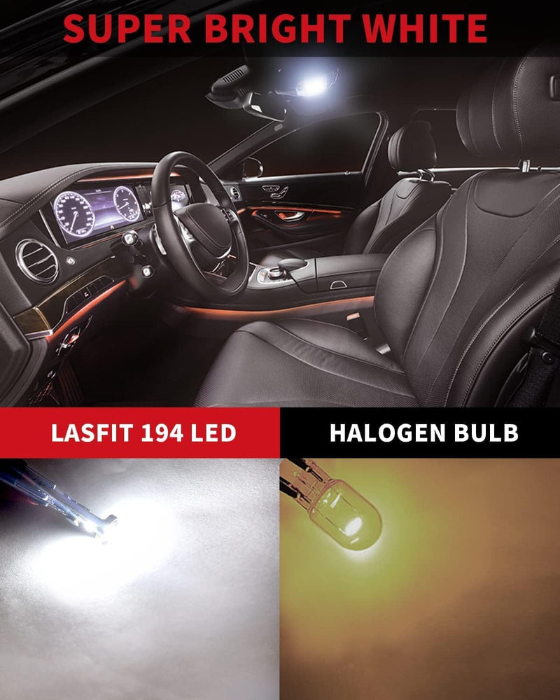 LASFIT 194 LED Bulb 6000K White, T10 168 2825 W5W LED Replacement Light Bulbs, For Dome Map Light, Door Light, Courtesy Light, License Plate Light, Trunk Light, Super Bright (Pack of 10) Pack of 10 194/192